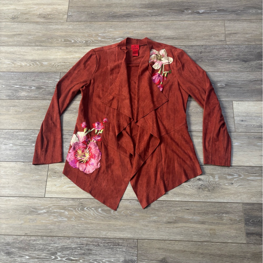 V Cristina Faux Suede Cardigan Sz L Rust Floral Appliqué Western Boho Cowgirl